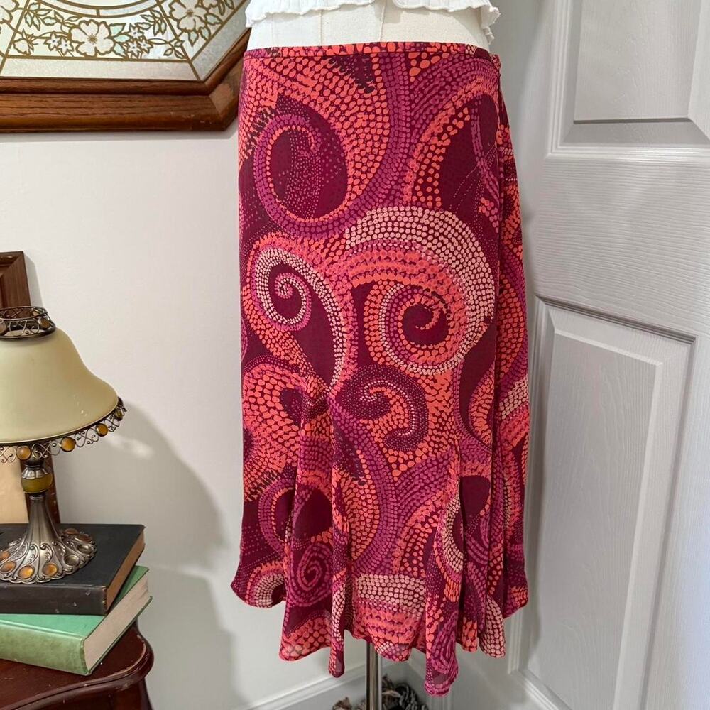 VTG Y2K Jones Wear Pink & Orange Polka Dot Swirl Retro Style Midi Skirt 12/L
